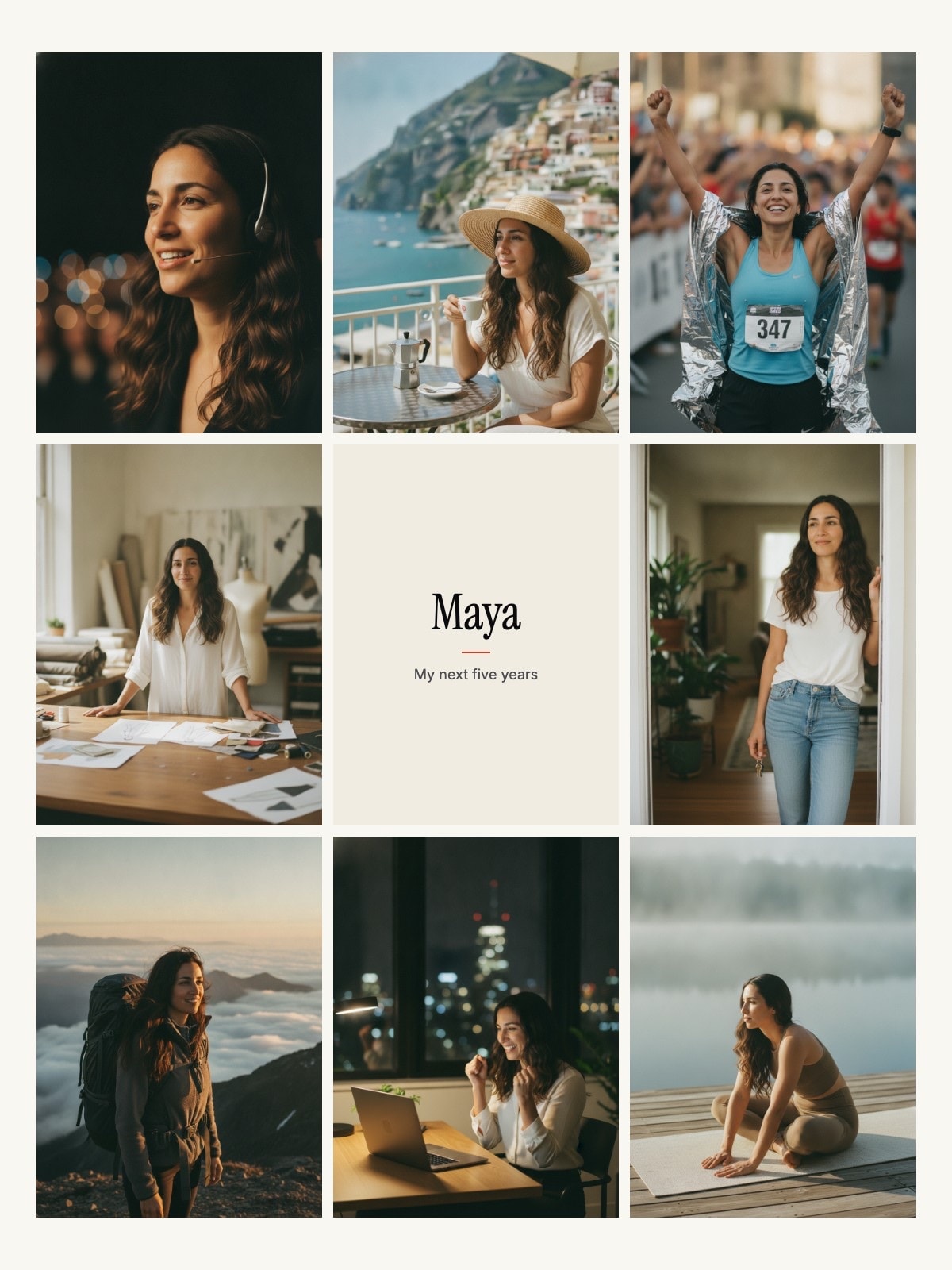 Example board: eight photoreal scenes of one woman's next five years, with her name card in the middle